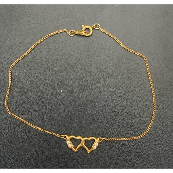 Vintage Gold Tone Dainty Simple Two Hearts With Clear Rhinestones 9 Inch Anklet - Picture 1 of 3